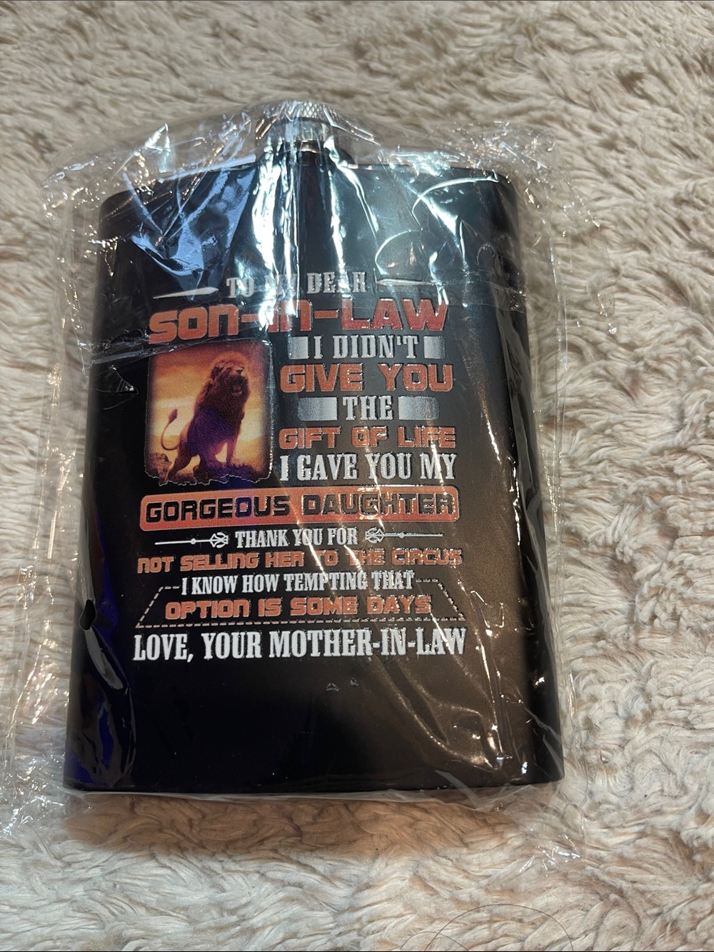 Black Novelty Flask with Mother-in-Law Quote to son in law gift NEW